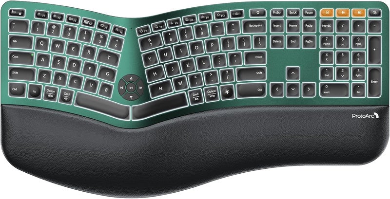 ProtoArc Backlit Bluetooth Ergonomic Keyboard, EK01 Plus Full Size Wireless Split Keyboard with Dual Bluetooth and USB, Cushioned Wrist Rest, Rechargeable, Compatible with Windows/Mac/Android, Green - Image 1